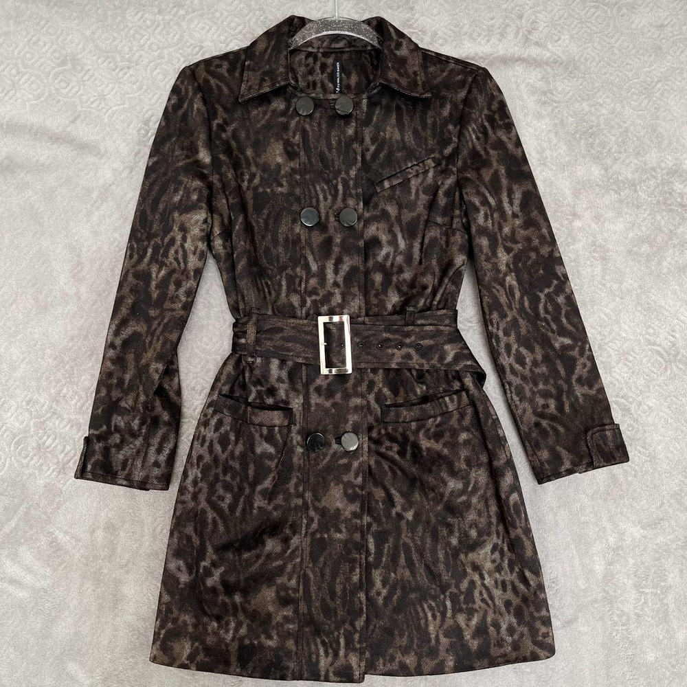 Walter Baker Animal Print Belted Double Breasted Trench Coat Women Size Small - Picture 6 of 10